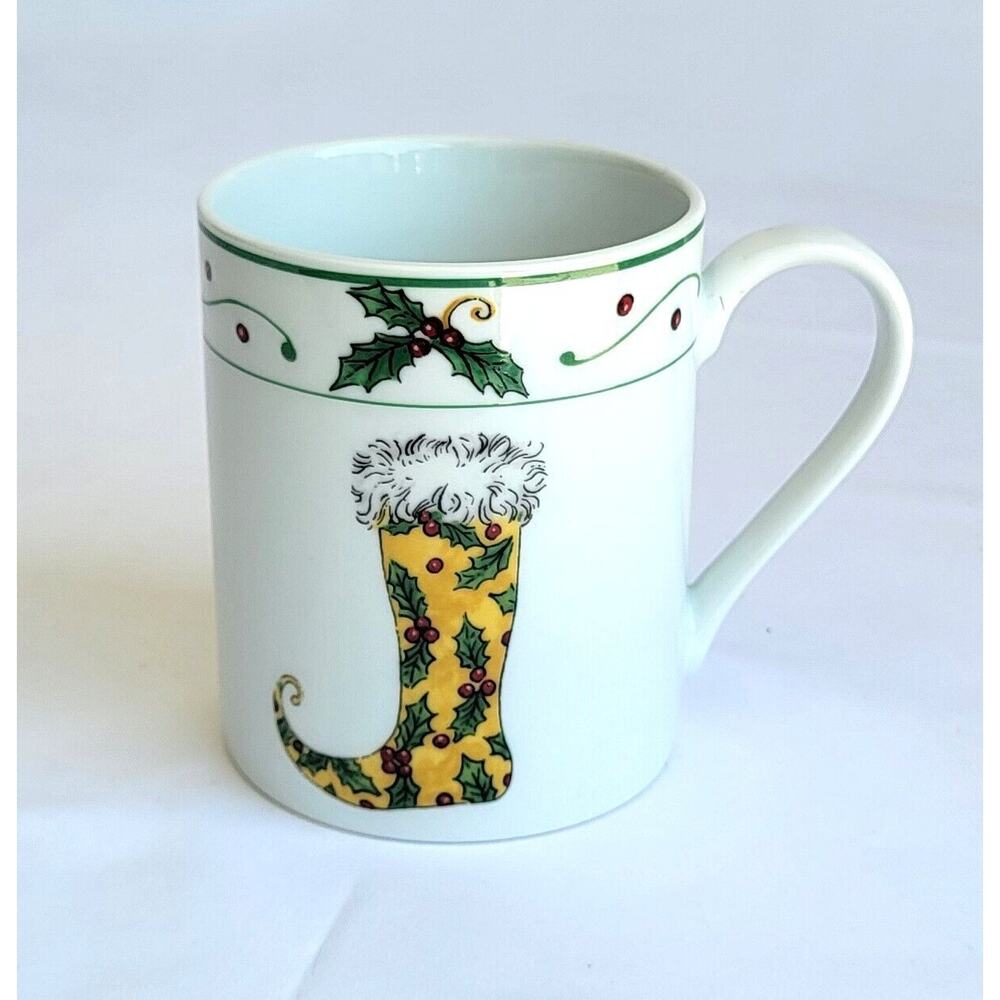 I. Godinger Christmas Yellow Stocking White Fur Mug